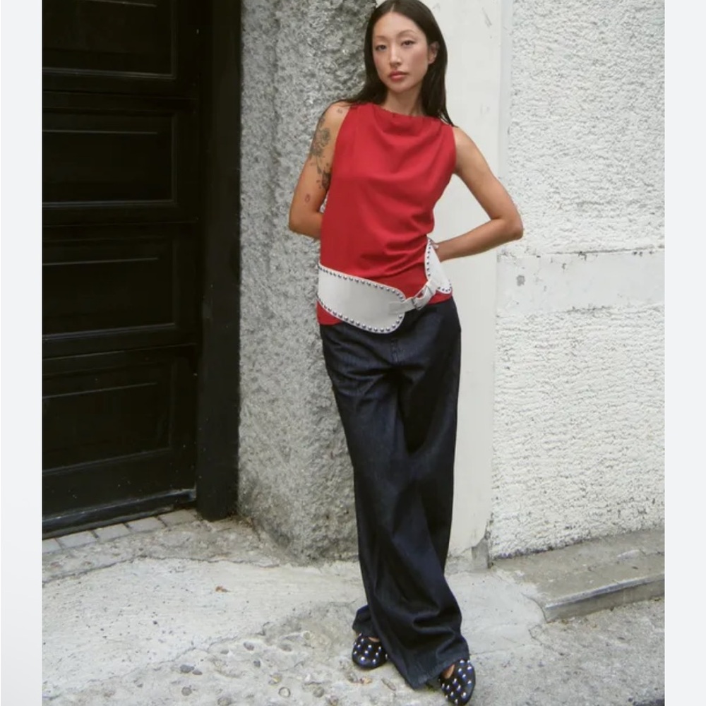 Zara Scarlet Top with Navy Wide Leg Pants